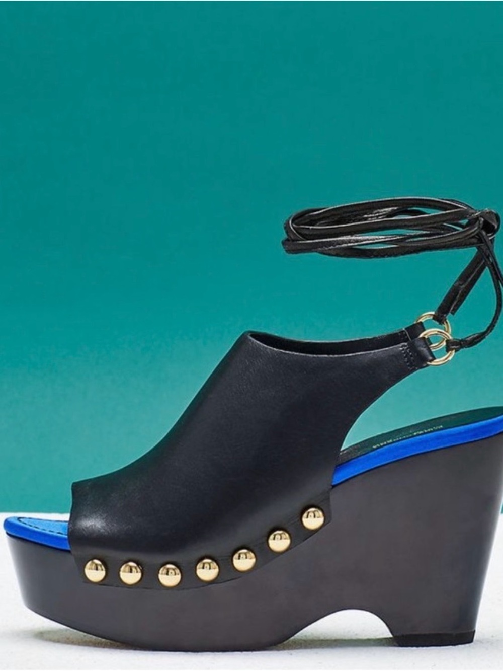 Diane Von Furstenberg Black and Blue Platform Wedge Sandal with Gold Studs